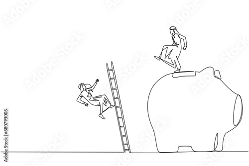 Continuous one line drawing Arab businessman kicks rival who climbs piggy bank with stair. Bringing down opponents so don't have any investment in future. Single line draw design vector illustration