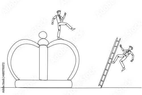 Single one line drawing businessman kicks opponent who is climbing the crown with a ladder. Making rivals fall from business glory. Unhealthy competition. Continuous line design graphic illustration