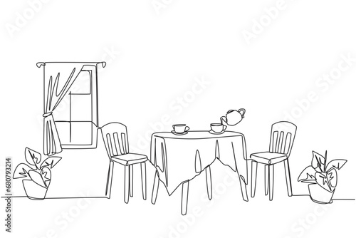 Single continuous line drawing stylish room with full furniture modern. Relaxing space for drinking tea or coffee. Scandinavian design interior. Simple minimalist. One line design vector illustration