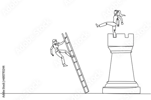 Single one line drawing businesswoman kicks opponent who climbing the chess rook with ladder. Wrong move. Wrong strategy. Plan leaked by colleague. Traitor. Continuous line design graphic illustration