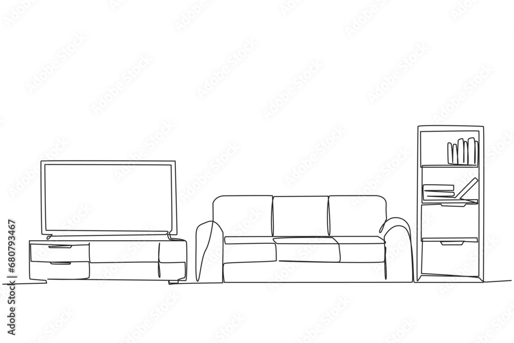 Single continuous line drawing stylish room with full furniture modern. Huge television as a means of entertainment. A relaxing place to spend time on weekends. One line design vector illustration Single continuous line drawing stylish room with full furniture modern. Huge television as a means of entertainment. A relaxing place to spend time on weekends. One line design vector illustration