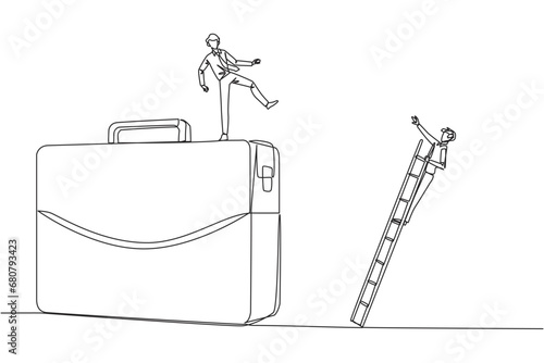 Single one line drawing businessman kicks opponent who is climbing the briefcase with a ladder. Keep away from intruders who disturb business trips. Rival. Continuous line design graphic illustration