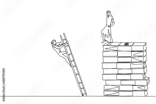 Single one line drawing Arab businessman kicks opponent who is climbs pile of banknotes with ladder. Struggle together but want to achieve big profit alone. Continuous line design graphic illustration