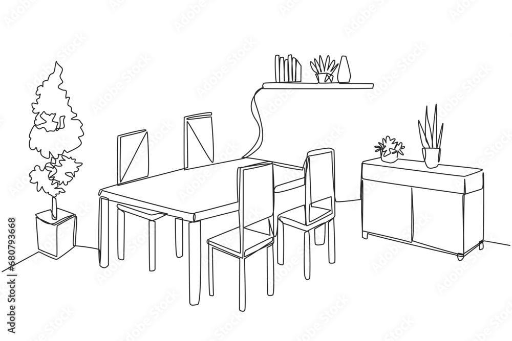 Single continuous line drawing old-style dining room. Made simple and modern with the presence of several additional decorative items. Vintage style dining table. One line design vector illustration