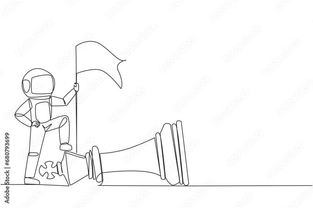 Single continuous line drawing young astronaut holds flag, defeat competitor in business as winning chess game. Strategy success using powerful move for advantage. One line design vector illustration Single continuous line drawing young astronaut holds flag, defeat competitor in business as winning chess game. Strategy success using powerful move for advantage. One line design vector illustration