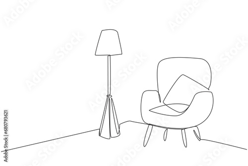 Single one line drawing stylish room with full furniture modern. A minimalist room with a trendy style. Comfortable sofa side by side with floor lamp. Cozy. Continuous line design graphic illustration
