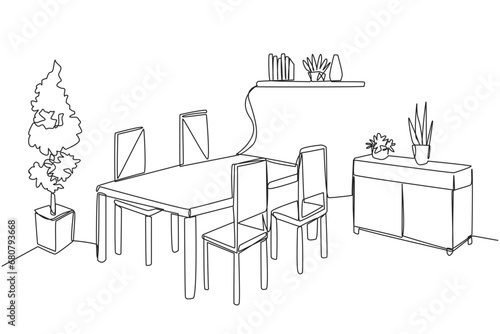 Single continuous line drawing old-style dining room. Made simple and modern with the presence of several additional decorative items. Vintage style dining table. One line design vector illustration