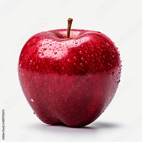 red whole apple with drops on a white background