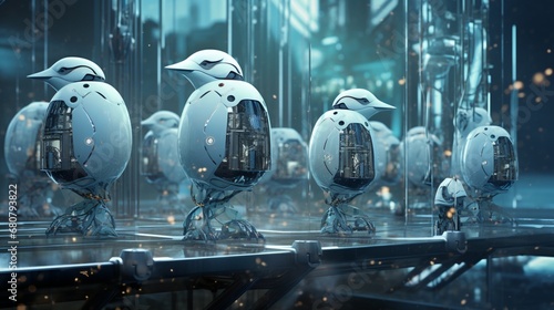 Fényképezés a futuristic and elegant image of robotic birds in a high-tech aviary