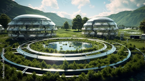 A futuristic  sustainable farm using high-tech agriculture methods