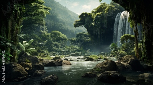 a hidden waterfall in a tropical valley surrounded by dense  emerald-green jungle