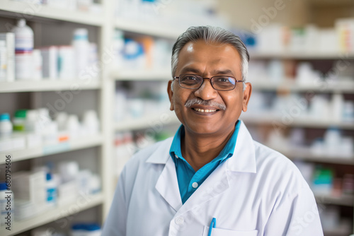 Senior Indian male pharmacist in pharmacy