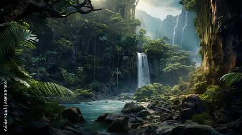 a hidden waterfall in a tropical valley surrounded by dense  emerald-green jungle