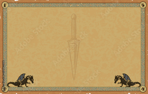 Large Parchment with Medieval Frame, Dragons, Dagger
