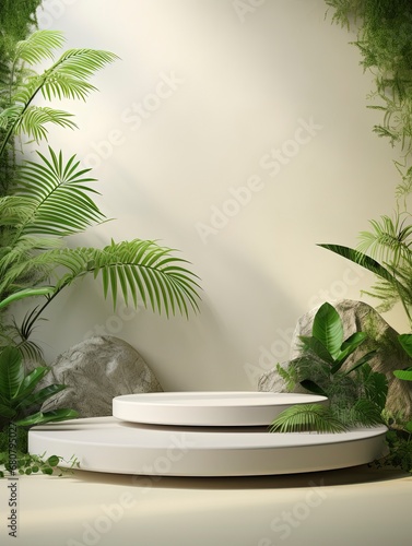 Green leaves and stone slabs product display  white podium and platforms  3d rendering  generative ai