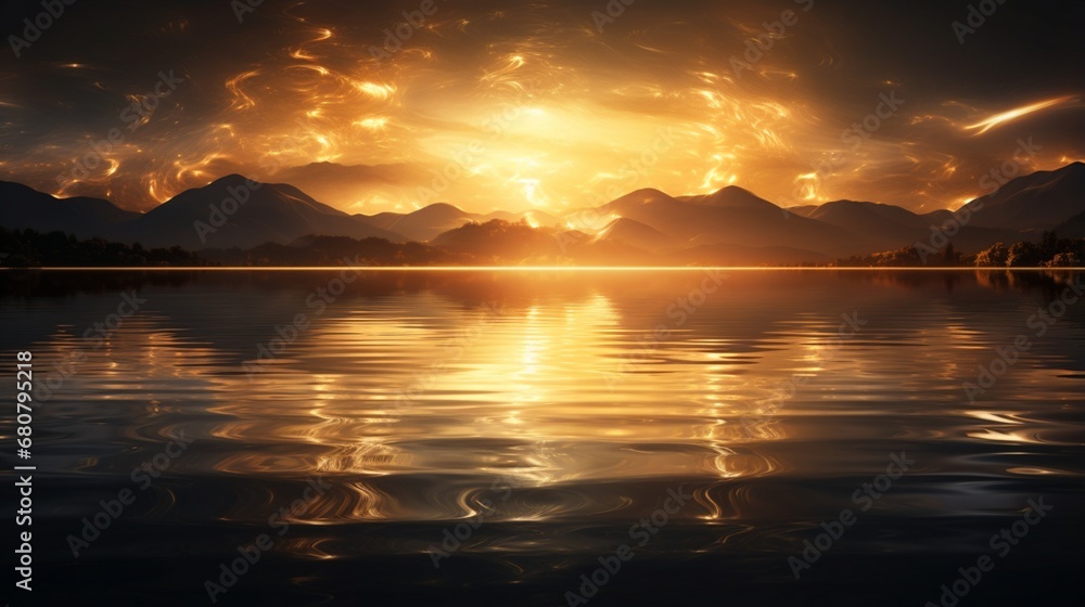 a mesmerizing AI image of a lakeside scene at sunrise, with the first light painting the water in shades of gold