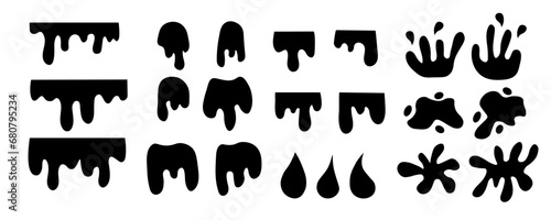 Splash silhouette with droplets collection. Water drops shapes, liquid burst splashes and ink blot hand drawn vector flat set of silhouette droplet, drop liquid illustration.