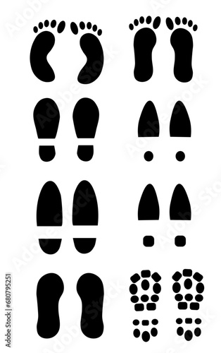 Set of different black foot print. Shoes and foots silhouette imprint collection. Vector flat illustration isolated on white background. photo
