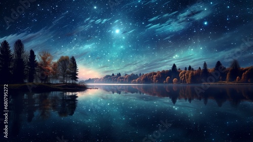 a mesmerizing AI visual of a lakeside scene during a tranquil full moon night, with stars reflected on the surface © Muhammad