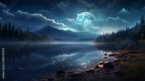 a mesmerizing AI visual of a lakeside scene during a tranquil full moon night  with stars reflected on the surface