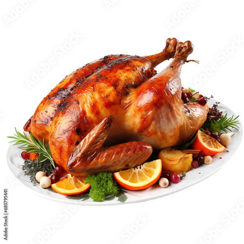 Roasted chicken or baked thanksgiving turkey on a Christmas or Thanksgiving table, isolated on transparent background, PNG, 300 DPI