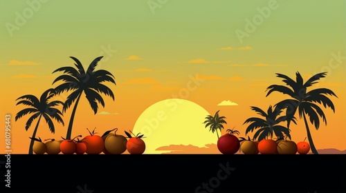 a minimalist yet beautiful image of silhouetted tropical fruits against a tropical sunset background