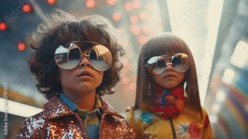 Fashion retro futuristic Children in surrealistic 60s-70s disco club culture life style photo