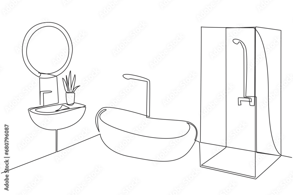Continuous one line drawing stylish bathroom with furniture modern. Minimalist bathroom. Mini bath with shower. Elegant bathroom. Clean and clear. Hygienic. Single line draw design vector illustration