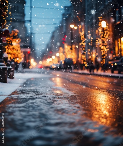 City street decorated with Christmas lights in out of focus with beautiful bokeh for your background