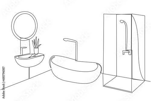 Continuous one line drawing stylish bathroom with furniture modern. Minimalist bathroom. Mini bath with shower. Elegant bathroom. Clean and clear. Hygienic. Single line draw design vector illustration