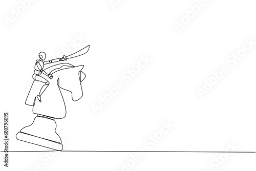 Single one line drawing robotic smart technology riding the big chess horse knight with sword. Strategy, business, competition, achievement goal concept. Continuous line design graphic illustration