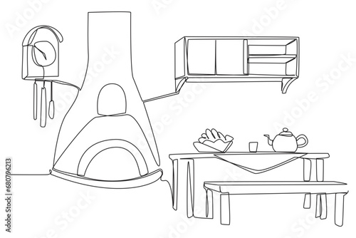 Continuous one line drawing an old Russian style dining table. A fire pit to warm the body from the cold snow outside. Classic style dining decoration. Single line draw design vector illustration