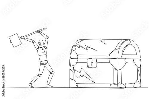 Continuous one line drawing smart robot preparing to hit big treasure chest. Rampage. Running out of capital. Steal. Doing dirty business. Not commendable. Single line draw design vector illustration