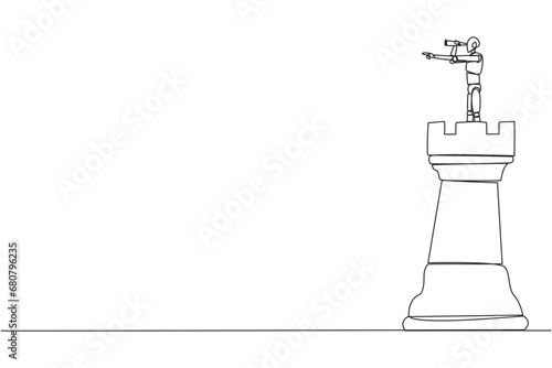 Continuous one line drawing robot future tech on top of big rook chess piece using monocular looking for success, opportunities, future business trends. Single line draw design vector illustration