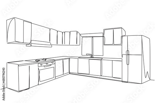 Single one line drawing stylish kitchen with full furniture modern. There is a huge two-door refrigerator that adds a luxurious impression to the kitchen. Continuous line design graphic illustration