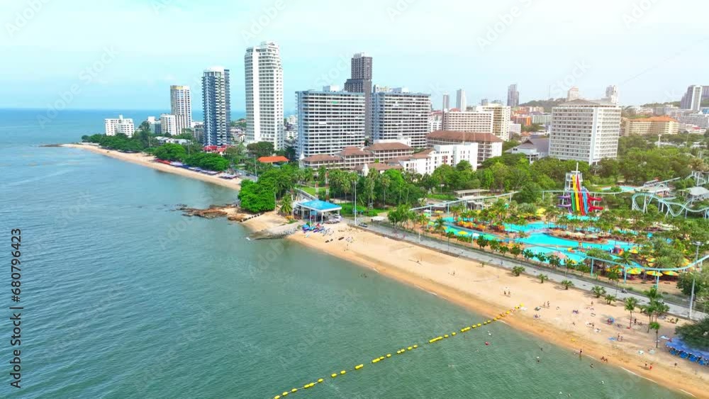 Jomtien Beach, a dreamy Thai destination, offers sun-kissed shores, swaying palm trees, and warm hospitality, making it a tropical paradise for vacationers. Thailand. Tropical sea concept. Drone view. Jomtien Beach, a dreamy Thai destination, offers sun-kissed shores, swaying palm trees, and warm hospitality, making it a tropical paradise for vacationers. Thailand. Tropical sea concept. Drone view.