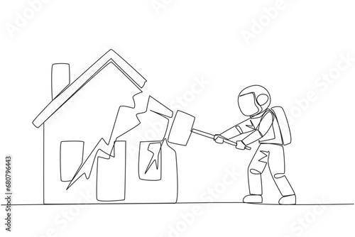 Single one line drawing young astronaut preparing to hit the miniature house. Metaphor of house as collateral for payment. Fails. Home is gone. Bankrupt. Continuous line design graphic illustration