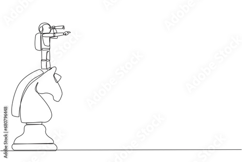 Single continuous line drawing young energetic astronaut on top of big horse chess piece using monocular looking for success, opportunities, future business trend. One line design vector illustration