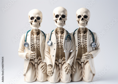 skeletons with doctor stethoscope on white background. High quality photo