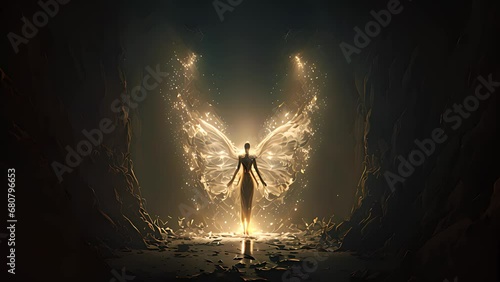 Lone silhouetted winged angelic figure with darkness illuminated by the light of the divine. Created with Generative AI.