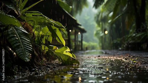 Heavy Tropical Rain Falls Green Area   Wallpaper Pictures  Background Hd