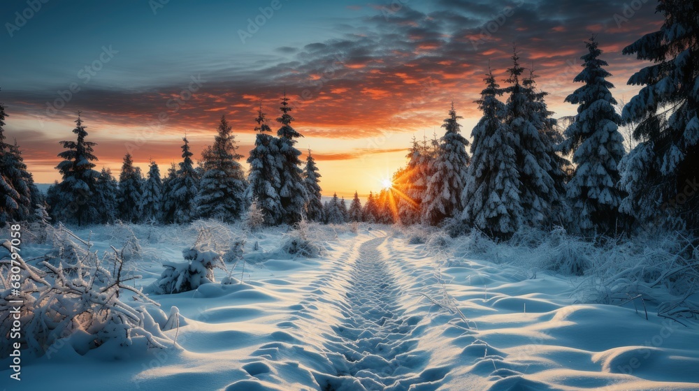 Majestic Winter Landscape Sunrise Snowy Fir , Wallpaper Pictures, Background Hd