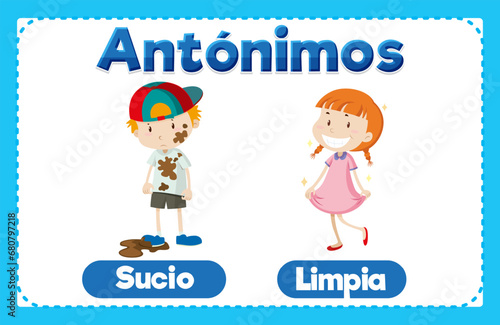 Sucio and Limpia: A Spanish Word Card in Vector Illustration