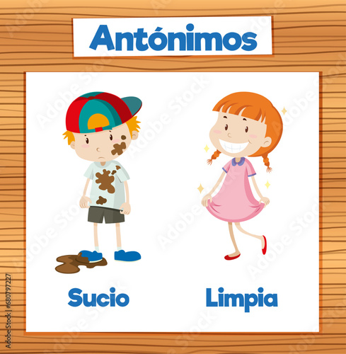 Sucio and Limpia: Antonym Word Card in Spanish means dirty and clean