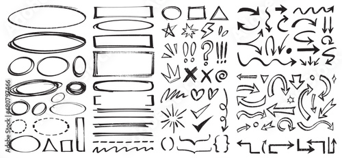 Grunge charcoal doodles scribbles, emphasis lines and arrows, circles and squares. hand drawn crayon or marker scrawls and shapes vector elements