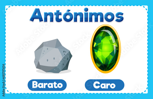 Antonym Word Card in Spanish: Barato and Caro means cheap and expensive