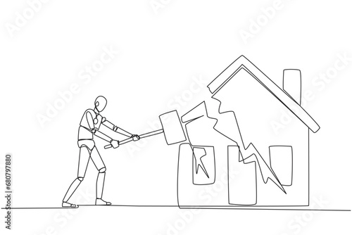Continuous one line drawing smart robotic preparing to hit the miniature house. Metaphor of house as collateral for payment. Fails. Home is gone. Bankrupt. Single line draw design vector illustration
