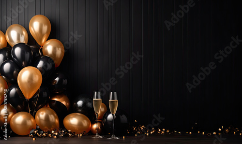Gold and black balloons background for a celebration party. Copy space for text. Event banner