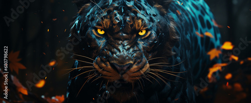Blue and Yellow Night Forest angry Leopard High quality photo
