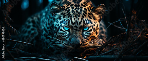 Blue and Yellow Night Forest angry Leopard High quality photo
